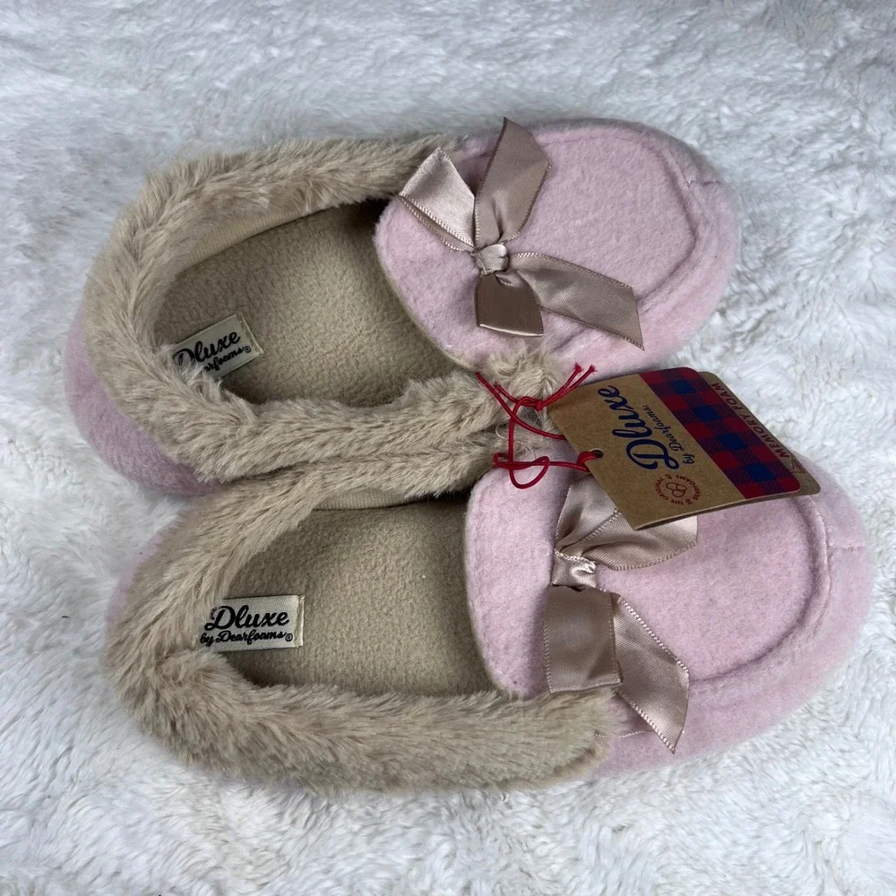 DLUXE by Dearfoams Pink‎ Memory Foam Slippers Bow Plush Fur Lined Girls NWT